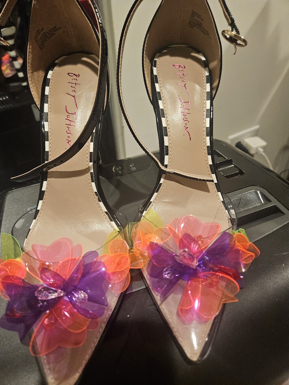 Betsey Johnson Clear Pointed Heels with Neon Floral Appliqués